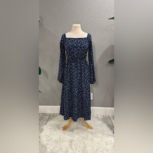 Women’s Navy Blue Floral Long Sleeve Midi Dress
